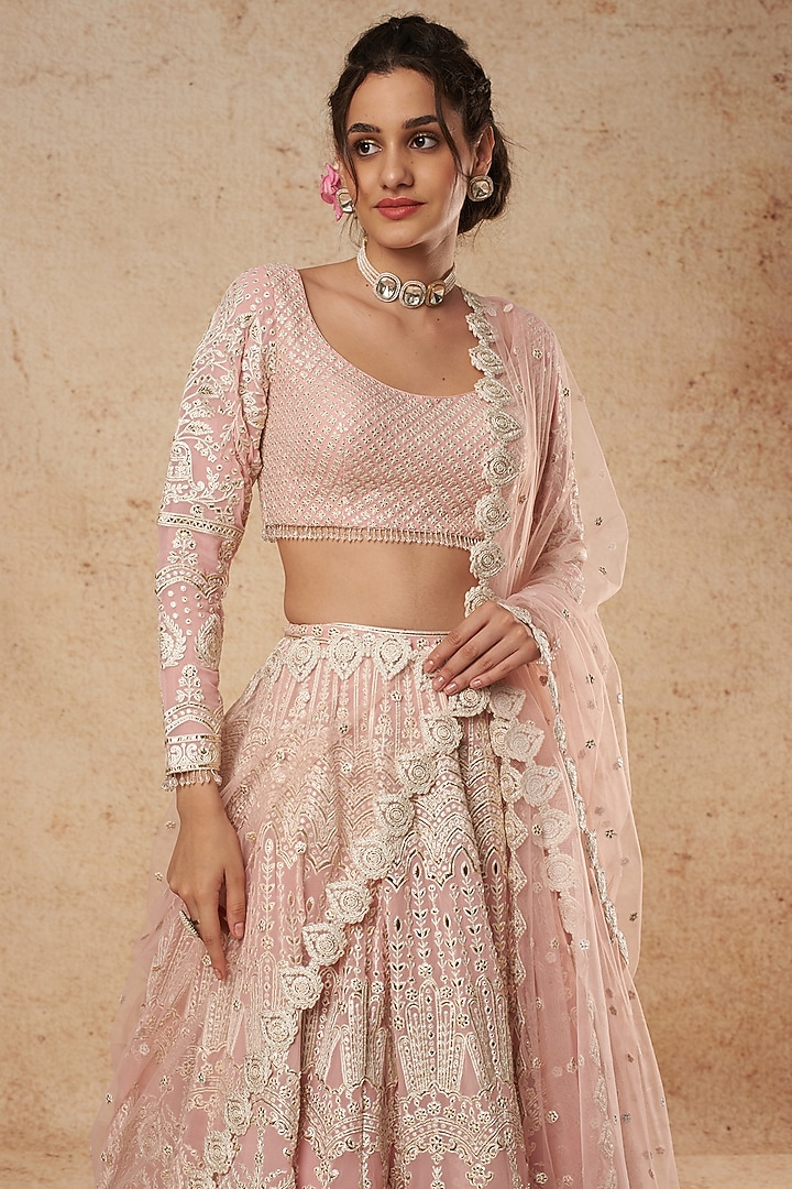 Pink Georgette Bridal Lehenga Set With Foil Work by Falguni Shane Peacock India at Pernia's Pop Up Shop