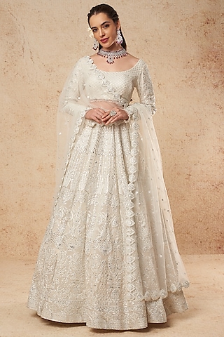 White Georgette Lehenga Set With Silver Foil Work by Falguni Shane Peacock India