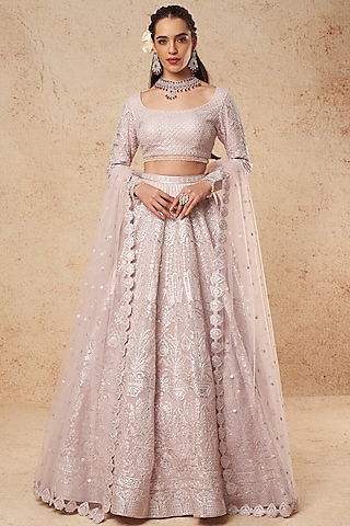 Light Purple Lehenga Set With Silver Foil Work by Falguni Shane Peacock India