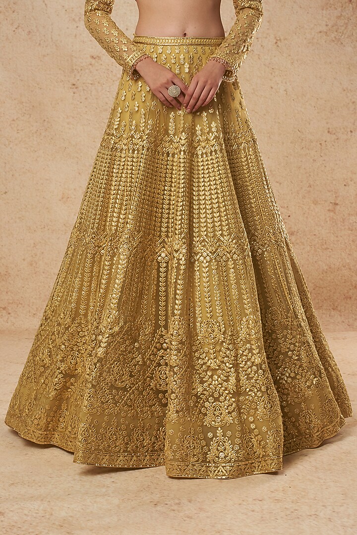 Mustard Tulle Bridal Lehenga Set With Foil Work by Falguni Shane Peacock India at Pernia's Pop Up Shop