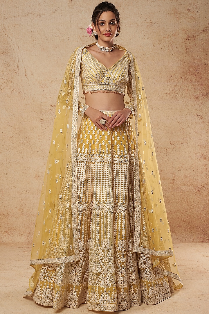 Yellow Bridal Lehenga Set With Foil Work by Falguni Shane Peacock India at Pernia's Pop Up Shop
