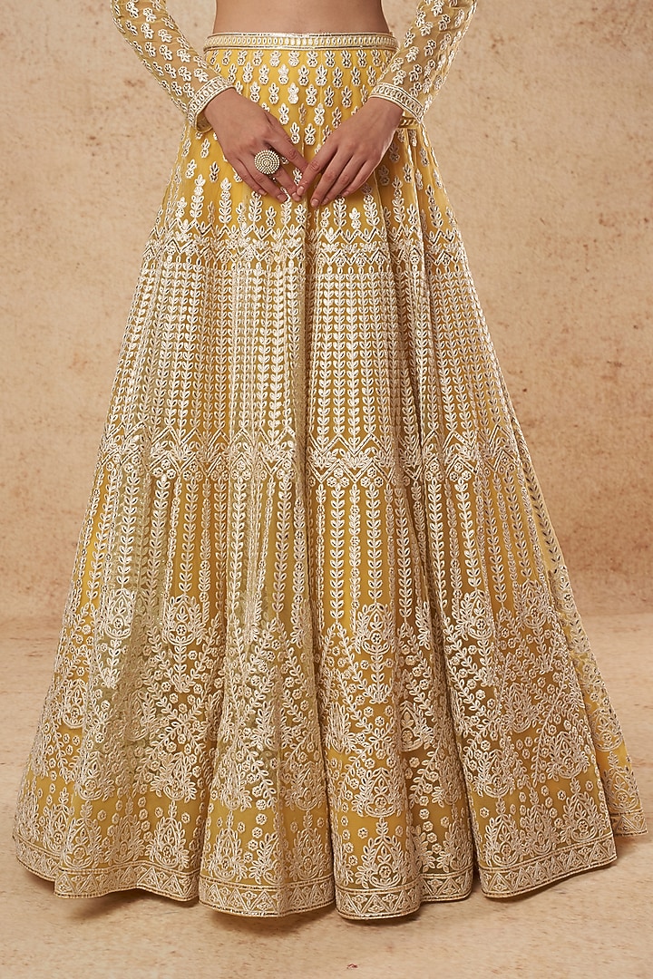 Yellow Bridal Lehenga Set With Foil Work by Falguni Shane Peacock India at Pernia's Pop Up Shop