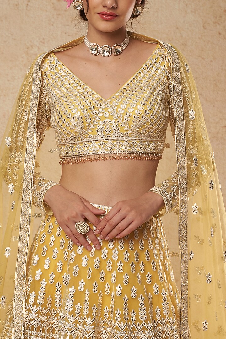 Yellow Bridal Lehenga Set With Foil Work by Falguni Shane Peacock India at Pernia's Pop Up Shop