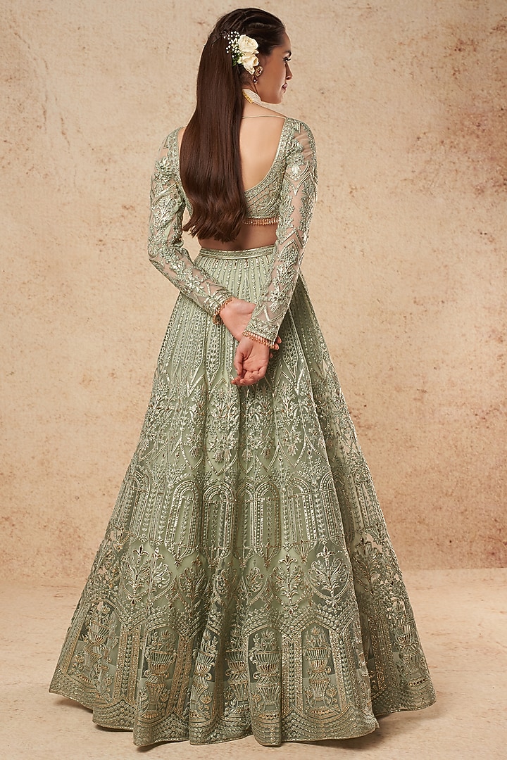Sage Green Tulle Bridal Lehenga Set With Foil Work by Falguni Shane Peacock India at Pernia's Pop Up Shop