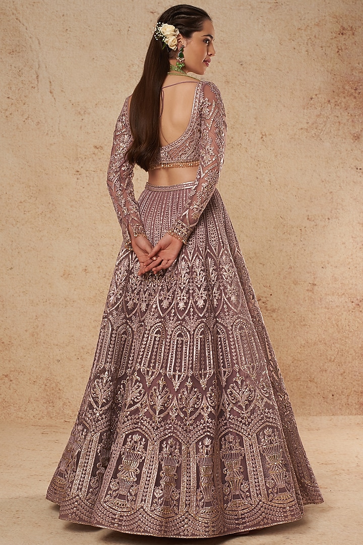 Mauve Tulle Bridal Lehenga Set With Gold Foil Work by Falguni Shane Peacock India at Pernia's Pop Up Shop
