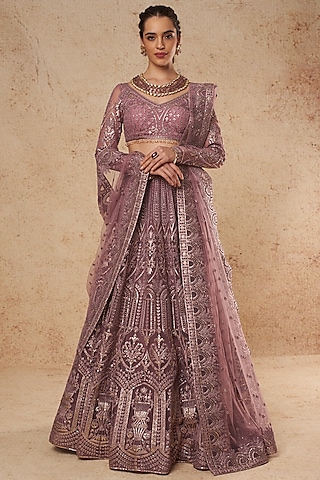Mauve Foil Lehenga Set In Tulle by Falguni Shane Peacock India