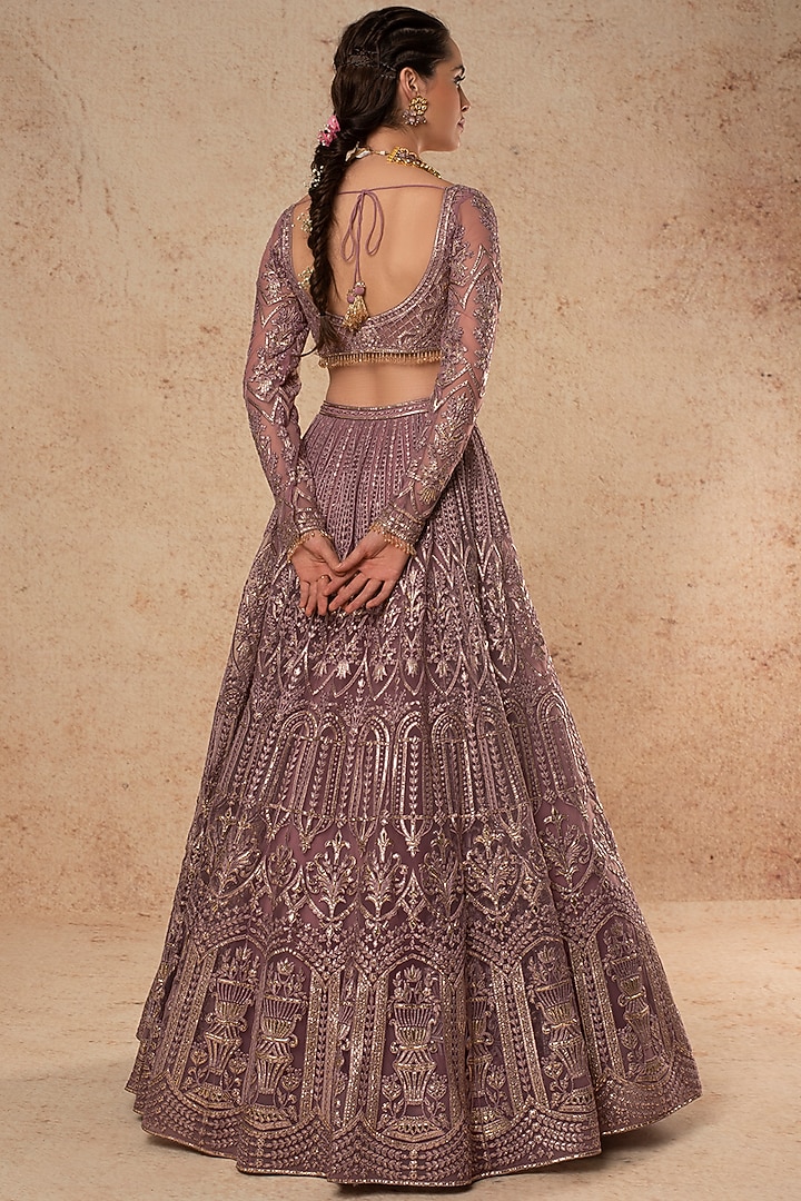 Mauve Foil Bridal Lehenga Set In Tulle by Falguni Shane Peacock India at Pernia's Pop Up Shop