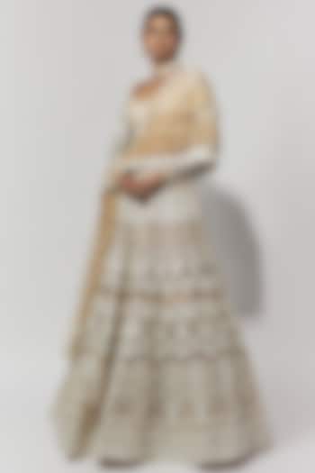 Beige Net Foil Bridal Bridal Lehenga Set by Falguni Shane Peacock at Pernia's Pop Up Shop
