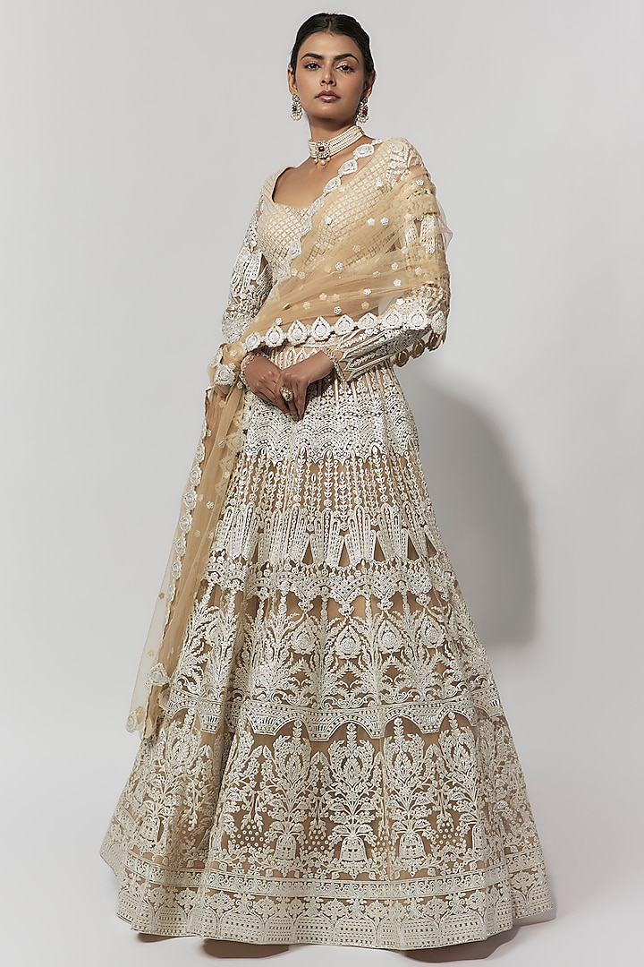 Beige Net Foil Bridal Bridal Lehenga Set by Falguni Shane Peacock at Pernia's Pop Up Shop