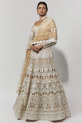 Beige Net Foil Bridal Lehenga Set by Falguni Shane Peacock