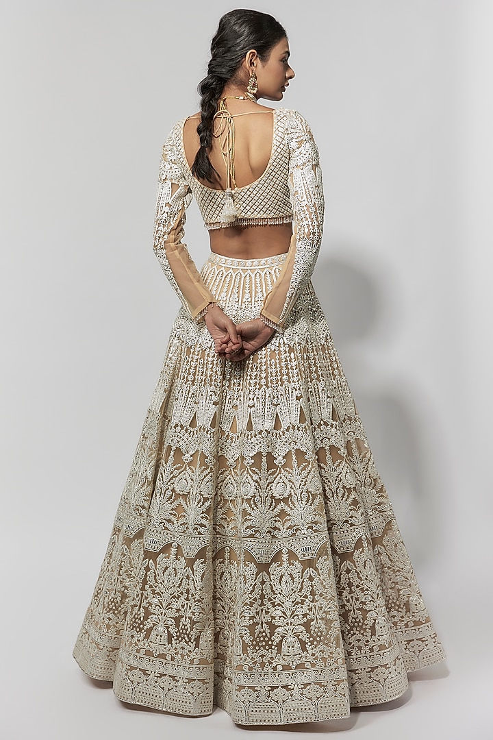 Beige Net Foil Bridal Bridal Lehenga Set by Falguni Shane Peacock at Pernia's Pop Up Shop