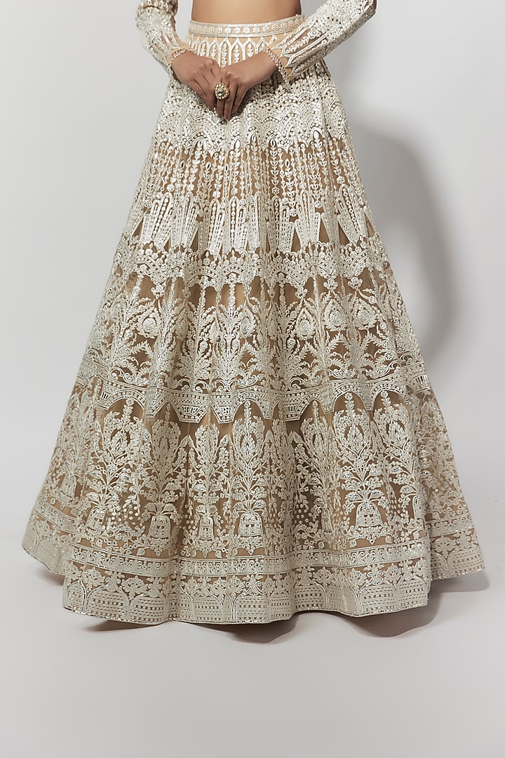 Beige Net Foil Bridal Bridal Lehenga Set by Falguni Shane Peacock at Pernia's Pop Up Shop