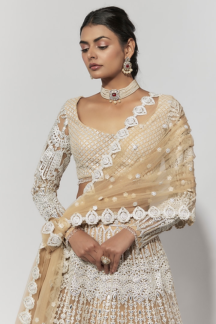 Beige Net Foil Bridal Bridal Lehenga Set by Falguni Shane Peacock at Pernia's Pop Up Shop