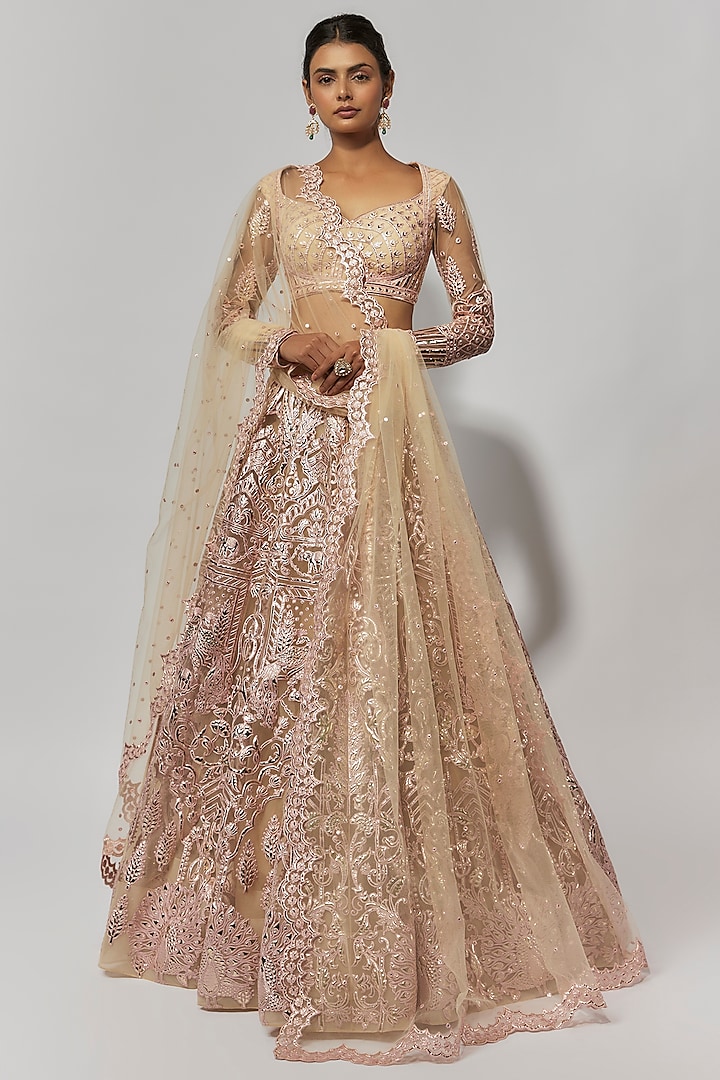 Beige Net Bridal Bridal Lehenga Set by Falguni Shane Peacock at Pernia's Pop Up Shop