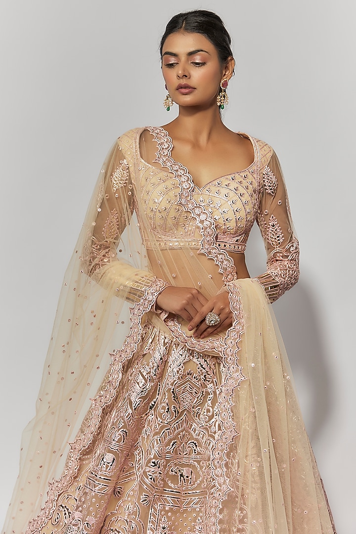 Beige Net Bridal Bridal Lehenga Set by Falguni Shane Peacock at Pernia's Pop Up Shop