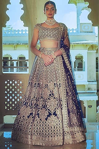 Royal Blue Net Gold Foil Printed & Embroidered Lehenga Set by Falguni Shane Peacock