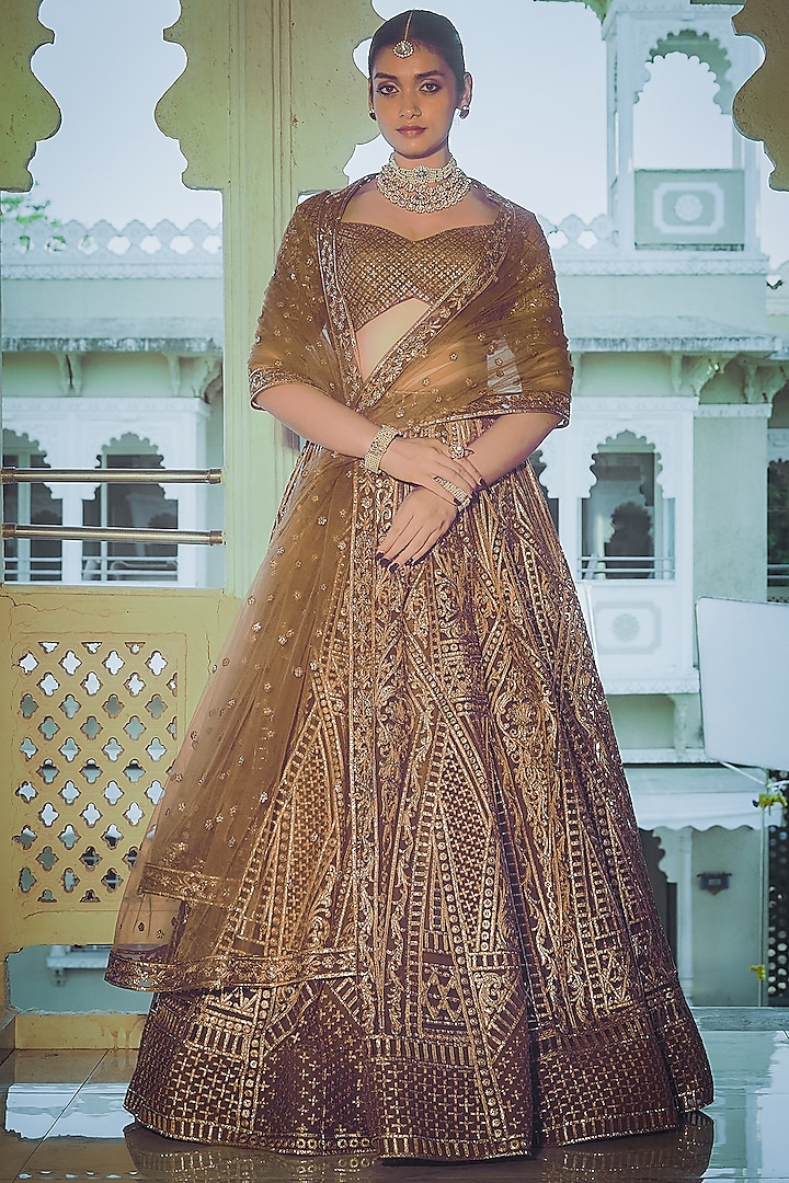 Brown Net Gold Foil Printed & Embroidered Bridal Lehenga Set by Falguni Shane Peacock at Pernia's Pop Up Shop