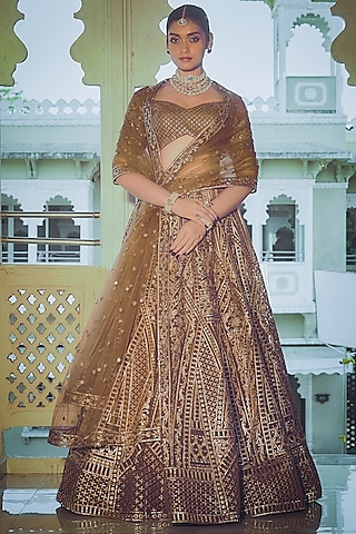 Brown Net Gold Foil Printed & Embroidered Lehenga Set by Falguni Shane Peacock
