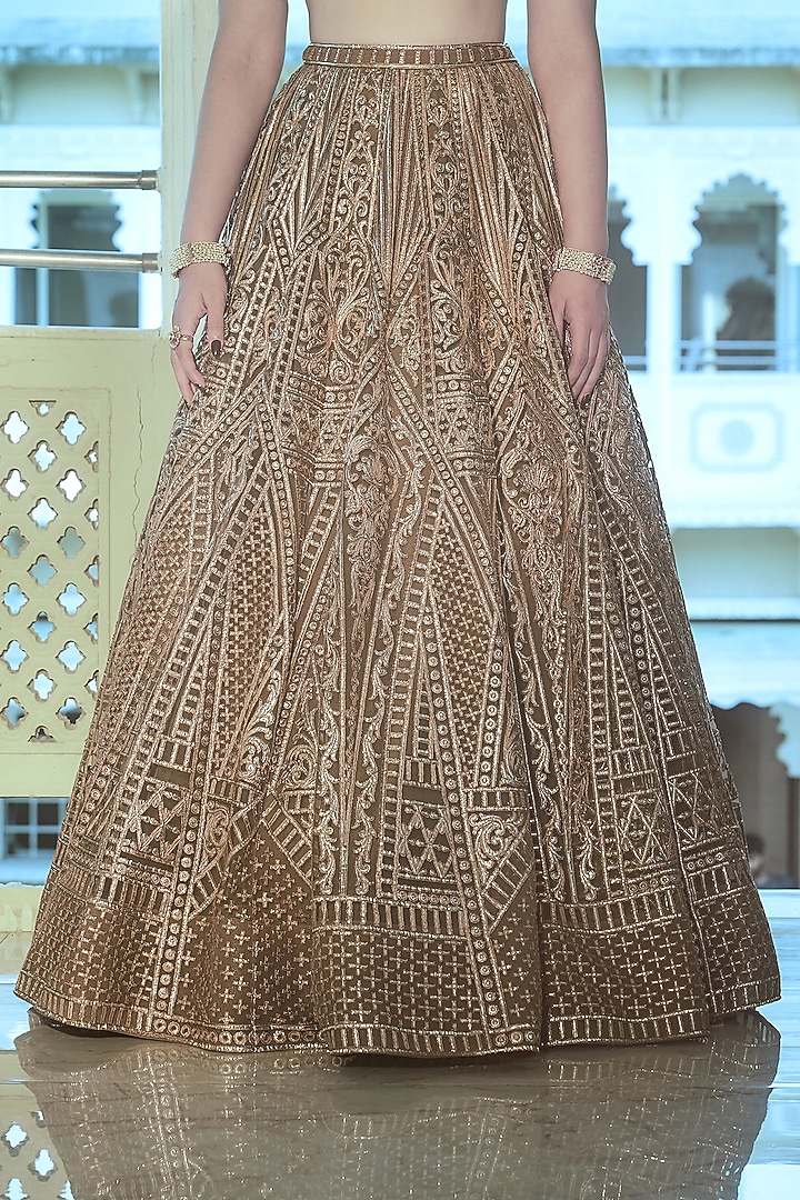 Brown Net Gold Foil Printed & Embroidered Bridal Lehenga Set by Falguni Shane Peacock at Pernia's Pop Up Shop