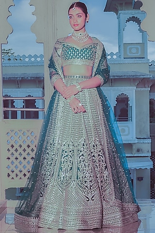 Teal Blue Net Gold Foil Printed & Embroidered Lehenga Set by Falguni Shane Peacock