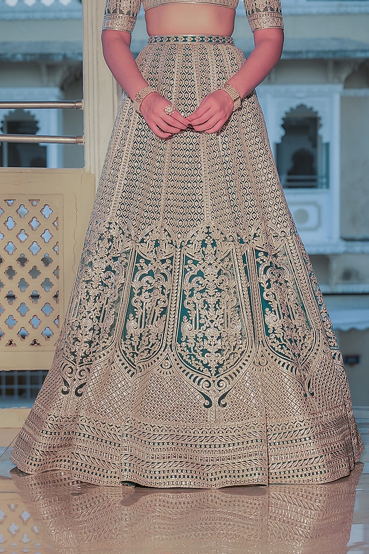 Teal Blue Net Gold Foil Printed & Embroidered Bridal Lehenga Set by Falguni Shane Peacock at Pernia's Pop Up Shop