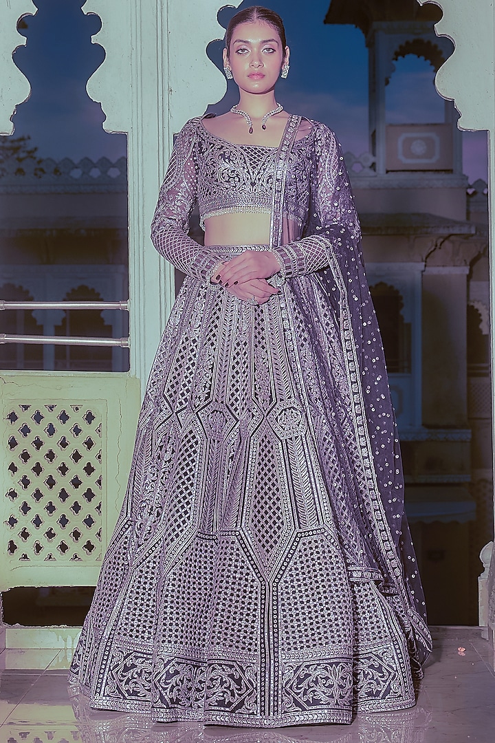 Indigo Net Silver Foil Printed & Embroidered Bridal Lehenga Set by Falguni Shane Peacock at Pernia's Pop Up Shop