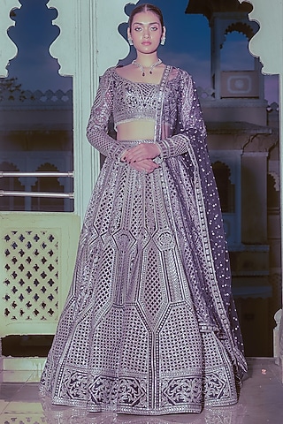 Indigo Net Silver Foil Printed & Embroidered Lehenga Set by Falguni Shane Peacock