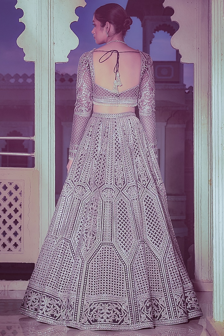 Indigo Net Silver Foil Printed & Embroidered Bridal Lehenga Set by Falguni Shane Peacock at Pernia's Pop Up Shop