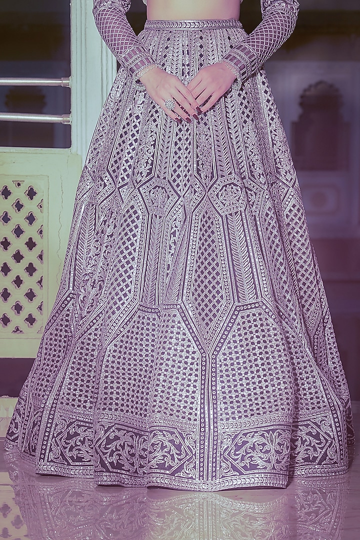 Indigo Net Silver Foil Printed & Embroidered Bridal Lehenga Set by Falguni Shane Peacock at Pernia's Pop Up Shop
