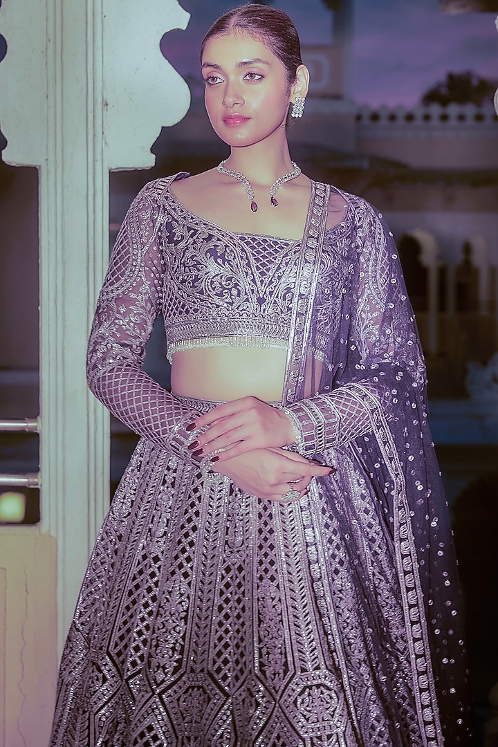 Indigo Net Silver Foil Printed & Embroidered Bridal Lehenga Set by Falguni Shane Peacock at Pernia's Pop Up Shop