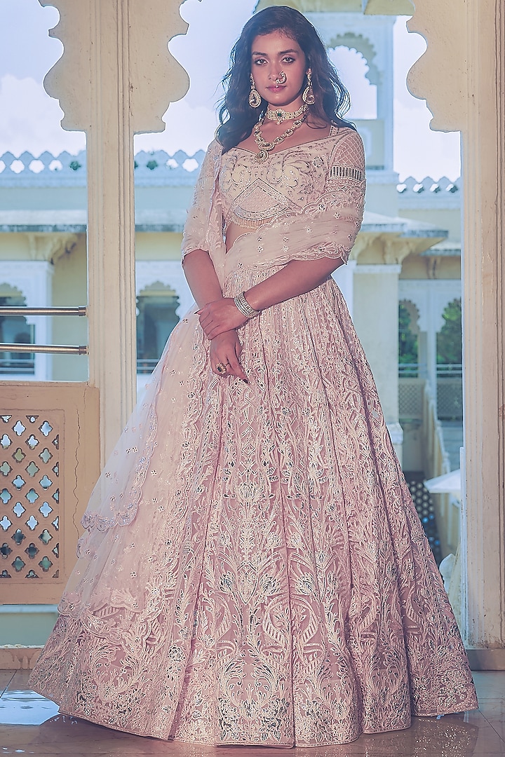 Baby Pink Net Silver Foil Printed & Embroidered Bridal Lehenga Set by Falguni Shane Peacock at Pernia's Pop Up Shop