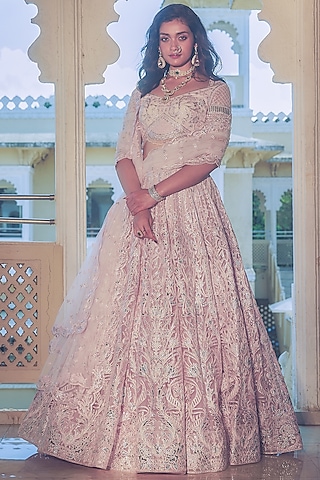 Baby Pink Net Silver Foil Printed & Embroidered Lehenga Set by Falguni Shane Peacock