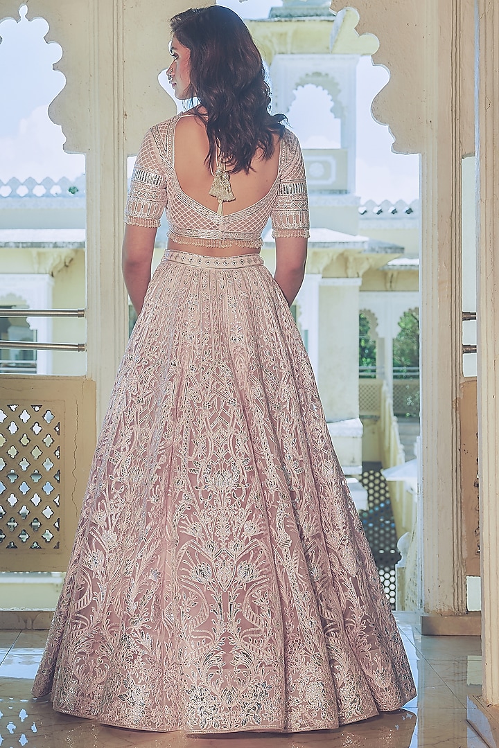 Baby Pink Net Silver Foil Printed & Embroidered Bridal Lehenga Set by Falguni Shane Peacock at Pernia's Pop Up Shop
