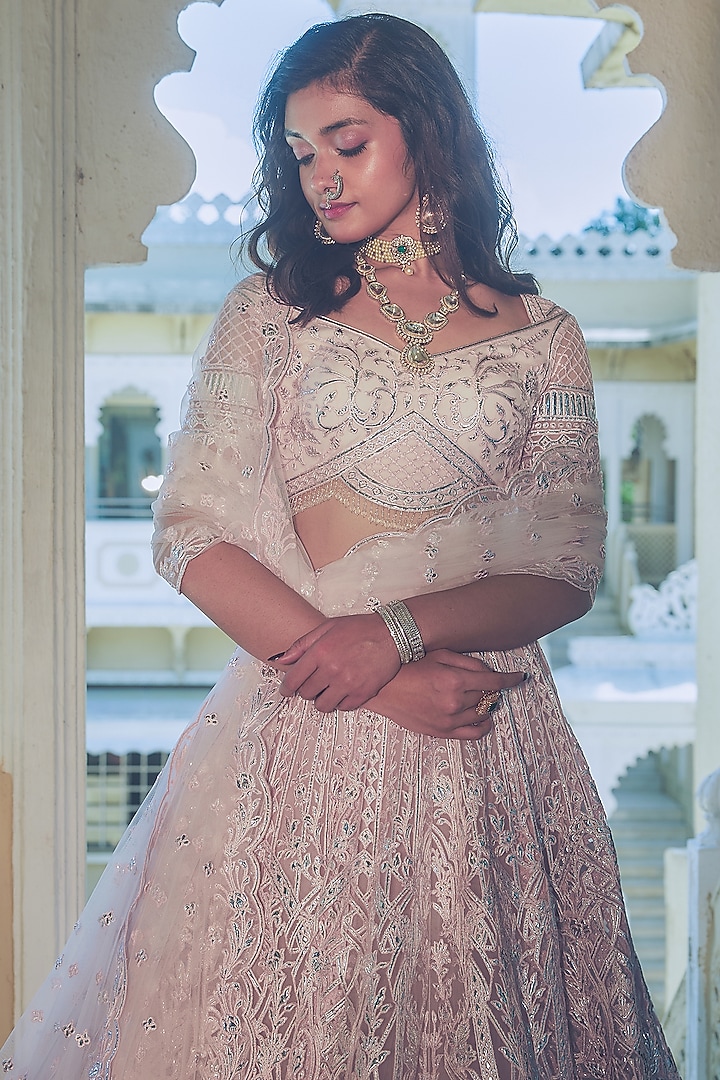 Baby Pink Net Silver Foil Printed & Embroidered Bridal Lehenga Set by Falguni Shane Peacock at Pernia's Pop Up Shop