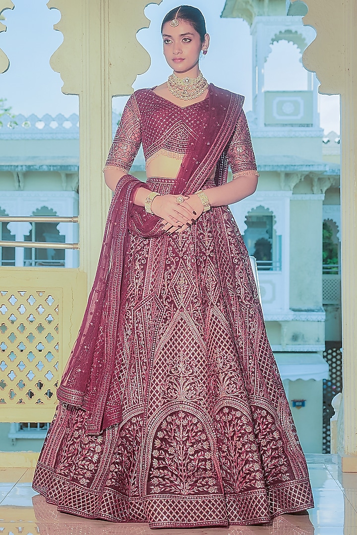 Maroon Net Gold Foil Printed & Embroidered Bridal Lehenga Set by Falguni Shane Peacock at Pernia's Pop Up Shop