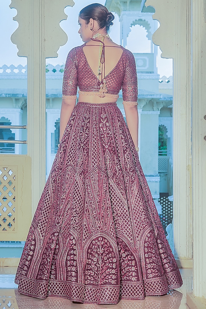 Maroon Net Gold Foil Printed & Embroidered Bridal Lehenga Set by Falguni Shane Peacock at Pernia's Pop Up Shop