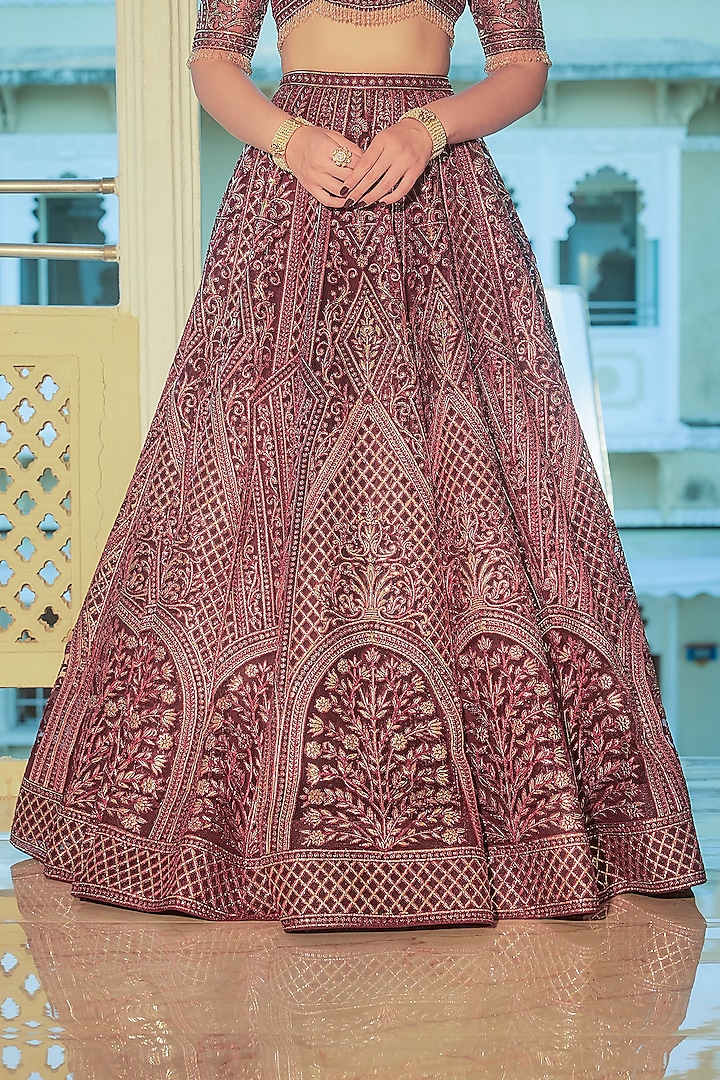 Maroon Net Gold Foil Printed & Embroidered Bridal Lehenga Set by Falguni Shane Peacock at Pernia's Pop Up Shop