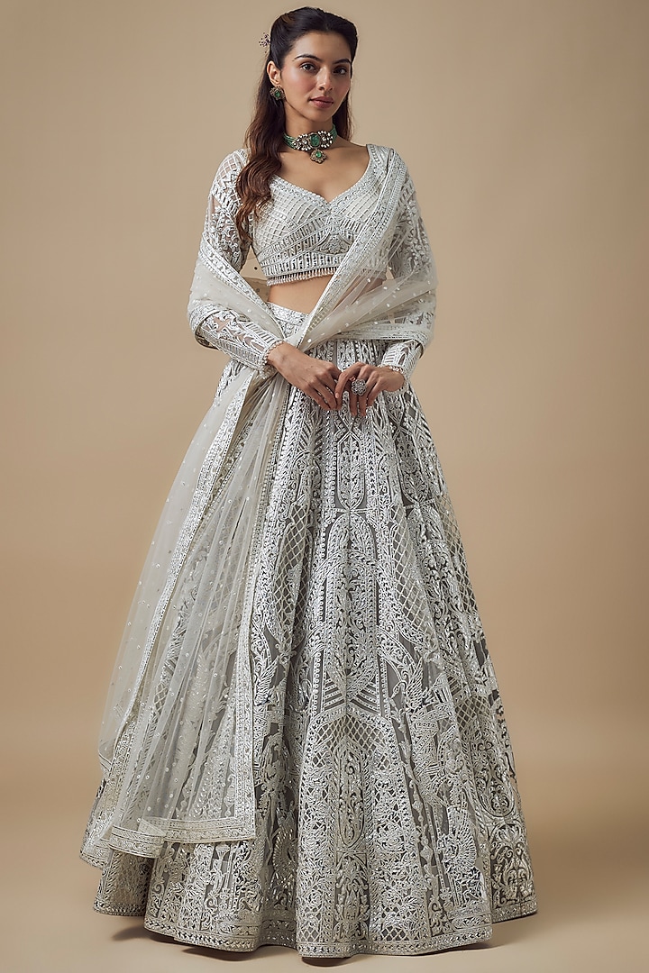 Grey & White Net Resham Work Bridal Lehenga Set by Falguni Shane Peacock at Pernia's Pop Up Shop