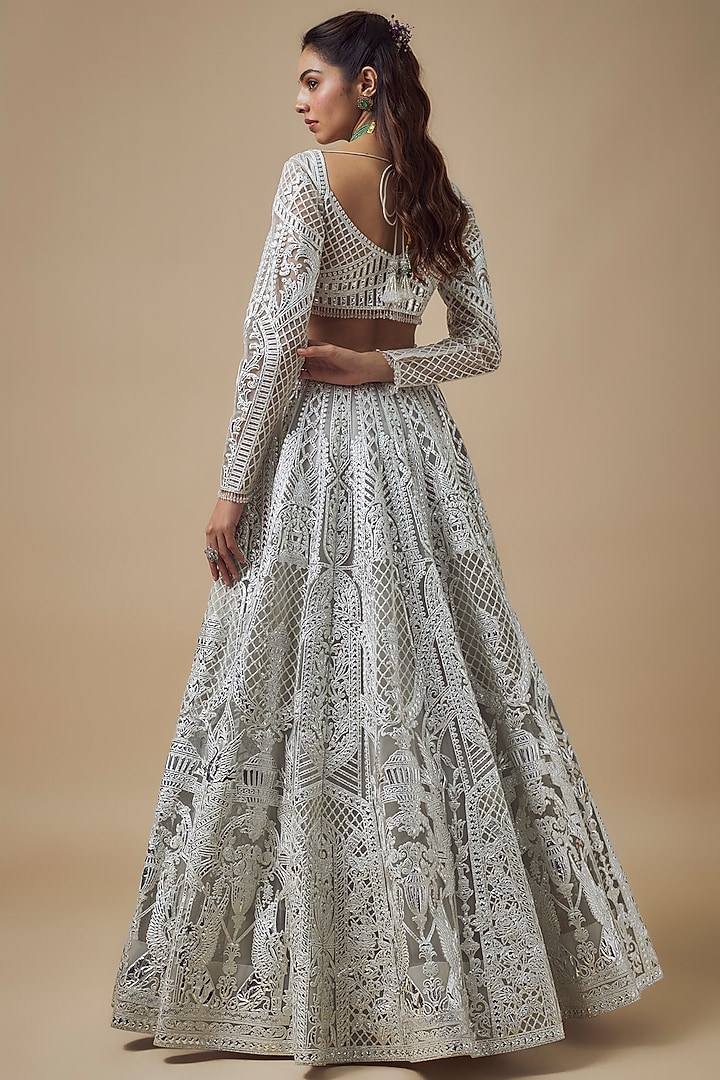 Grey & White Net Resham Work Bridal Lehenga Set by Falguni Shane Peacock at Pernia's Pop Up Shop