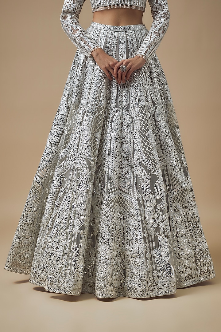 Grey & White Net Resham Work Bridal Lehenga Set by Falguni Shane Peacock at Pernia's Pop Up Shop