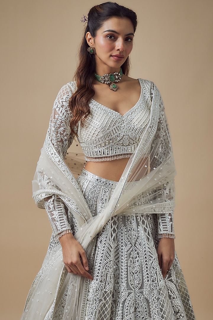 Grey & White Net Resham Work Bridal Lehenga Set by Falguni Shane Peacock at Pernia's Pop Up Shop