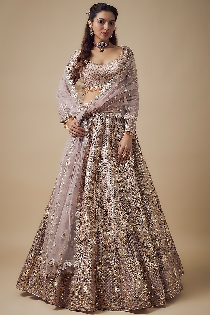 Mauve-Pink Net Resham Work Bridal Lehenga Set by Falguni Shane Peacock at Pernia's Pop Up Shop