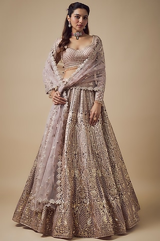 Mauve-Pink Net Resham Work Lehenga Set by Falguni Shane Peacock
