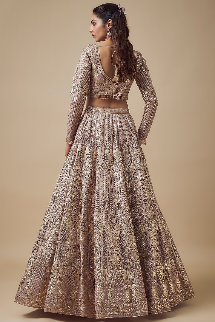 Mauve-Pink Net Resham Work Bridal Lehenga Set by Falguni Shane Peacock at Pernia's Pop Up Shop