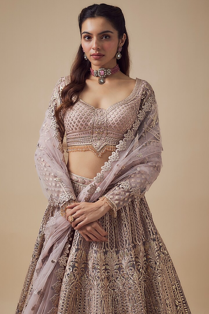 Mauve-Pink Net Resham Work Bridal Lehenga Set by Falguni Shane Peacock at Pernia's Pop Up Shop
