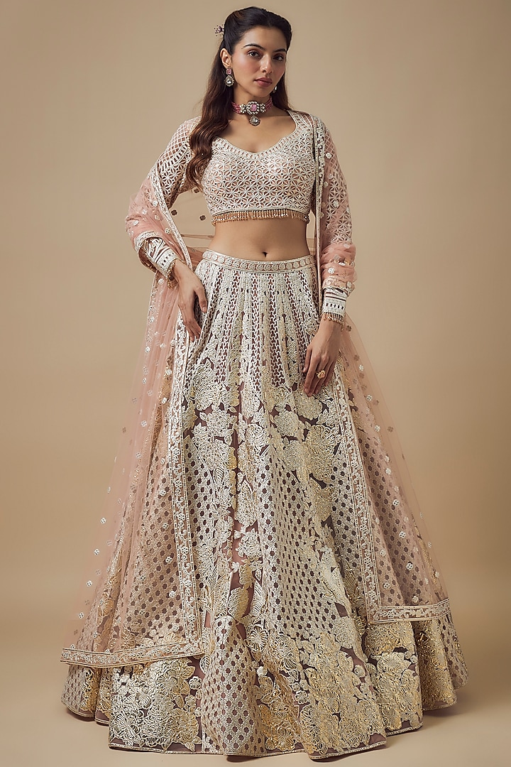 Peach Net Gold Foil & Resham Work Bridal Lehenga Set by Falguni Shane Peacock at Pernia's Pop Up Shop