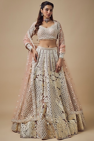 Peach Net Gold Foil & Resham Work Lehenga Set by Falguni Shane Peacock
