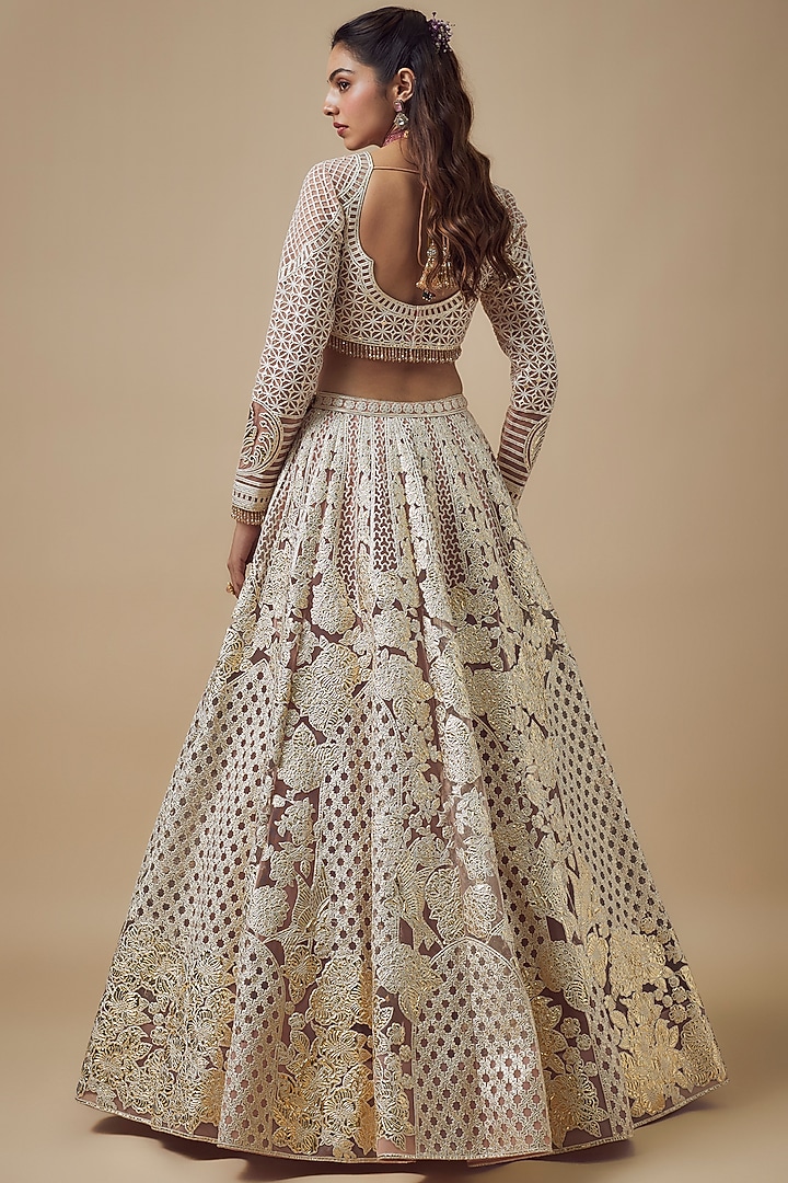 Peach Net Gold Foil & Resham Work Bridal Lehenga Set by Falguni Shane Peacock at Pernia's Pop Up Shop