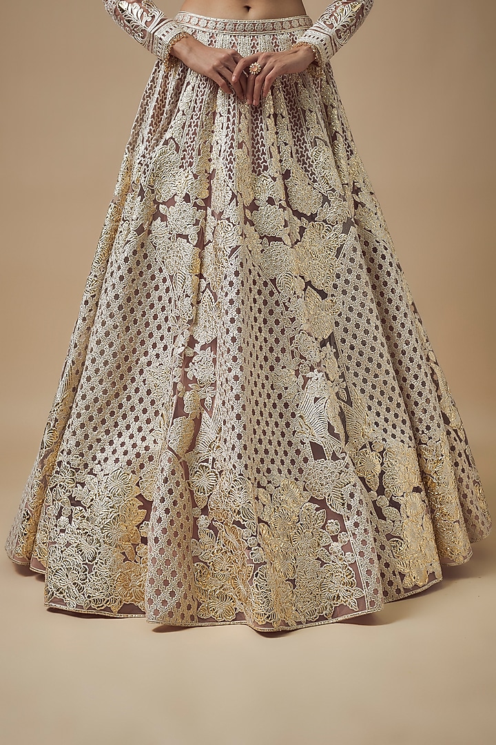 Peach Net Gold Foil & Resham Work Bridal Lehenga Set by Falguni Shane Peacock at Pernia's Pop Up Shop