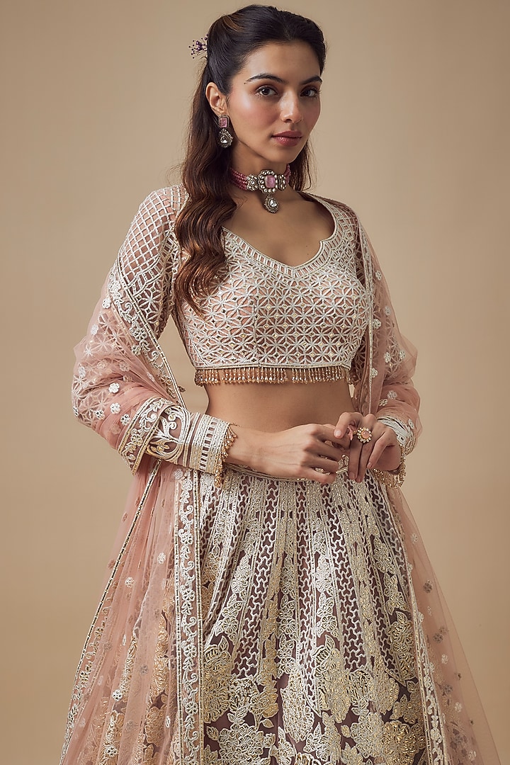 Peach Net Gold Foil & Resham Work Bridal Lehenga Set by Falguni Shane Peacock at Pernia's Pop Up Shop